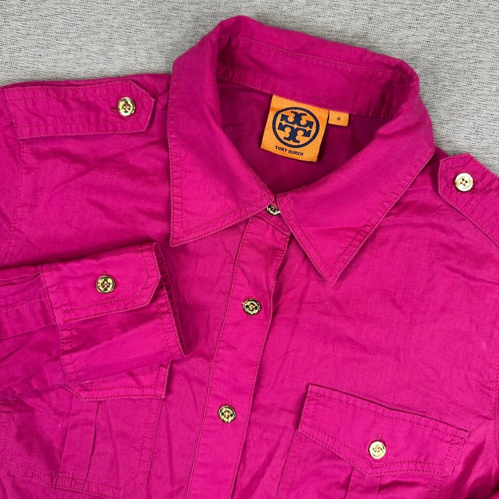 Tory Burch Shirt Woman's 4 Pink Military Button Down Gold Logo Buttons Cotton